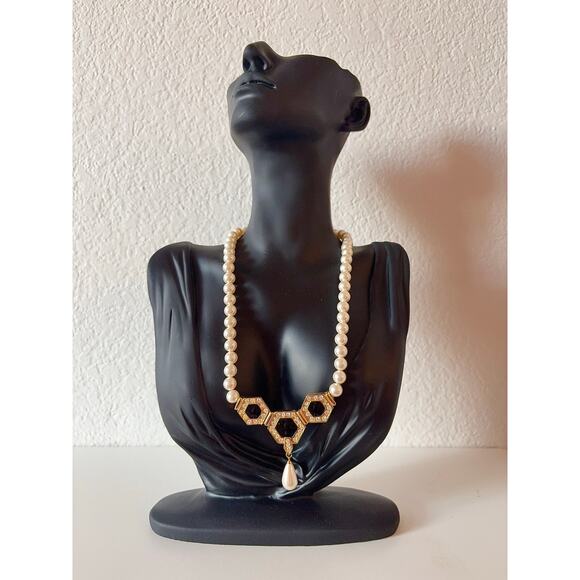 B9 Napier Vintage Necklace Faux Pearl Black Cabochon Art Deco Revival Statement - Picture 1 of 10